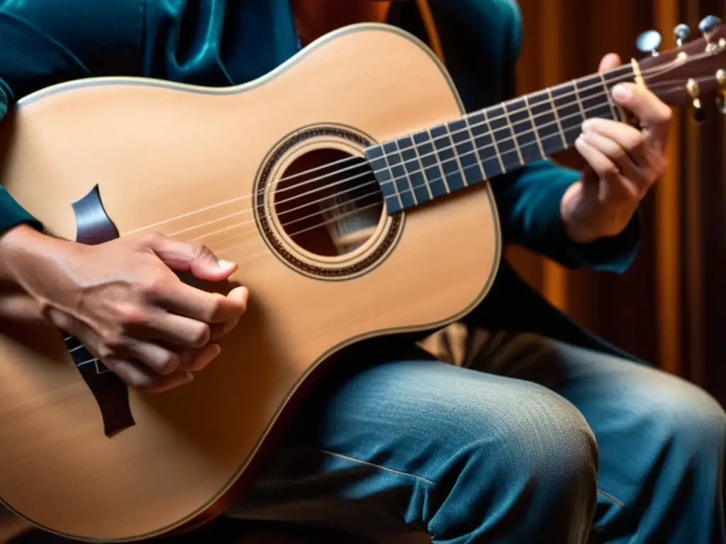 Manos de músico preservando la técnica en instrumentos tradicionales, destacando la destreza y conexión con el arte