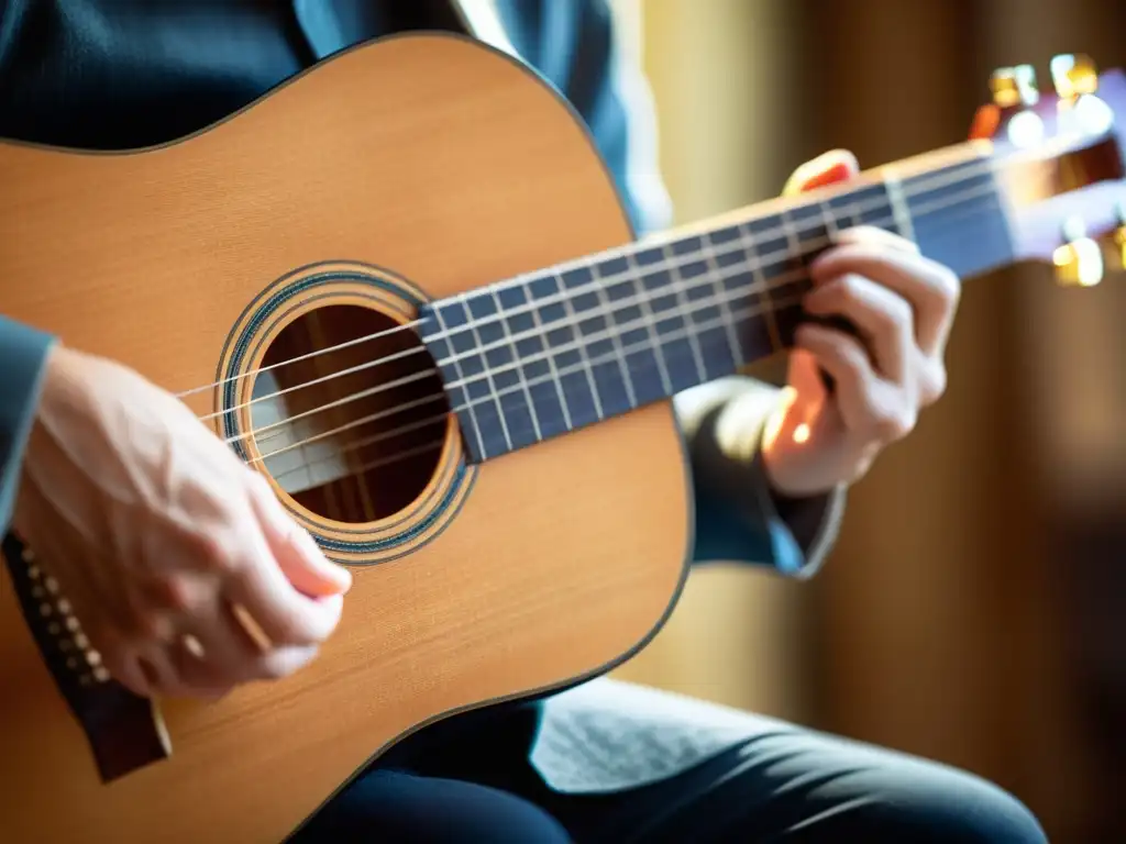 Las manos de un músico preservando la técnica en instrumentos, tocando con precisión una guitarra clásica bajo cálida luz natural