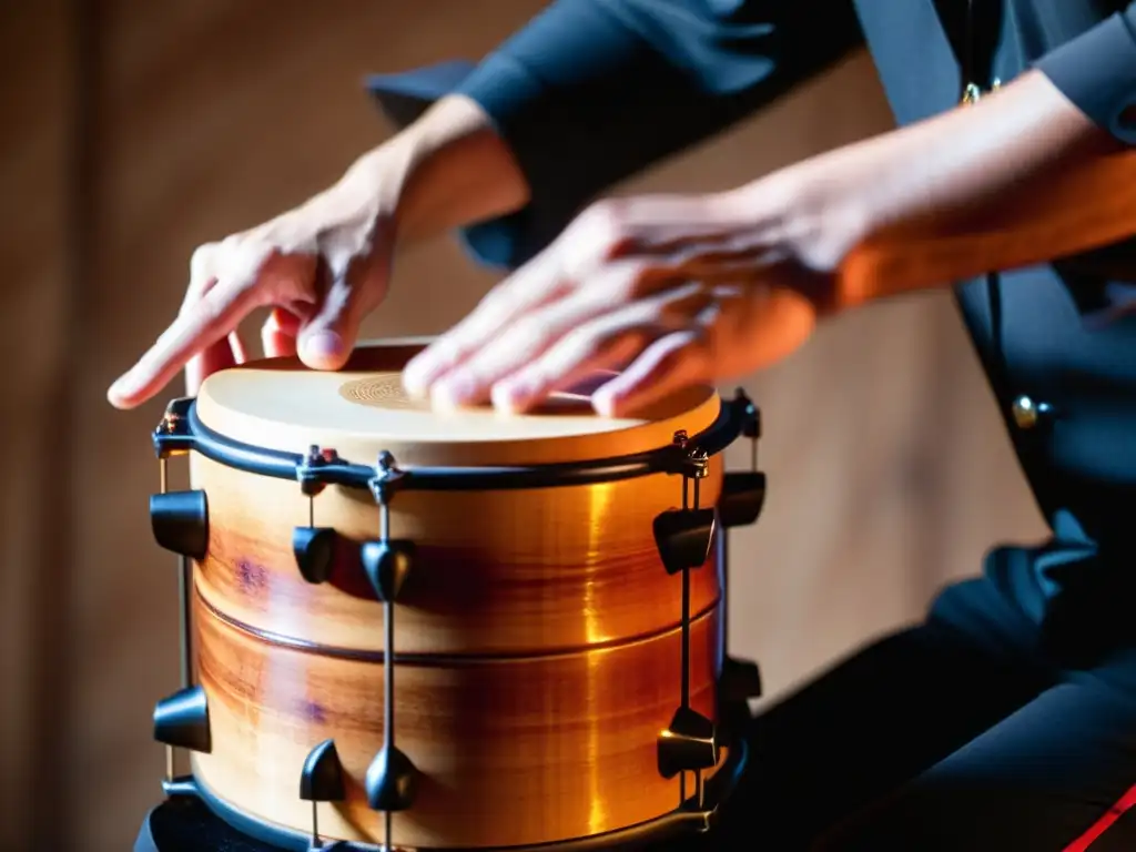 Manos tocando con pasión el cajón flamenco, mostrando la magia del instrumento en detalle y calidez