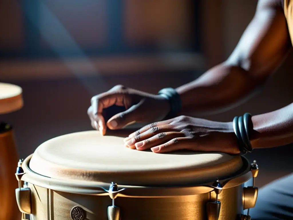 Manos de percusionista experto tocando un tambor tradicional en un espacio sereno, ideal para técnicas de percusión para meditación