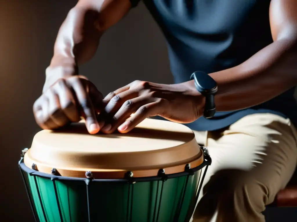 Manos de percusionista tocando suavemente instrumentos de percusión minimalista como cajón, djembe y pandereta, creando una atmósfera serena y rítmica