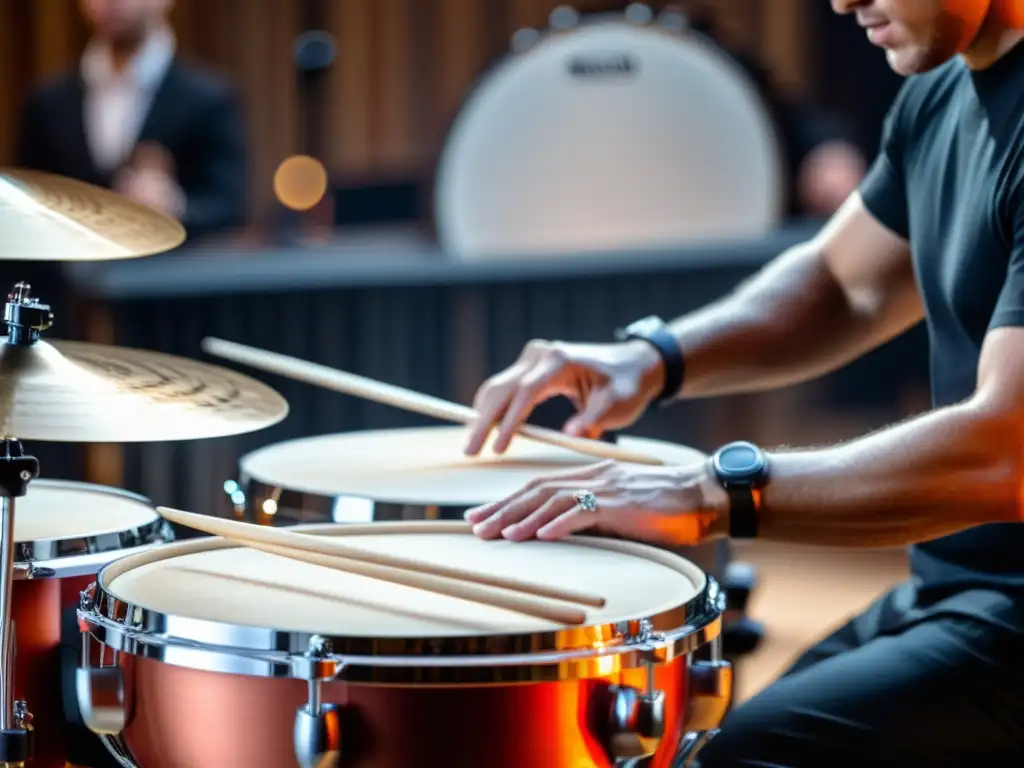 Manos de percusionista en movimiento, golpeando con precisión y energía los timbales