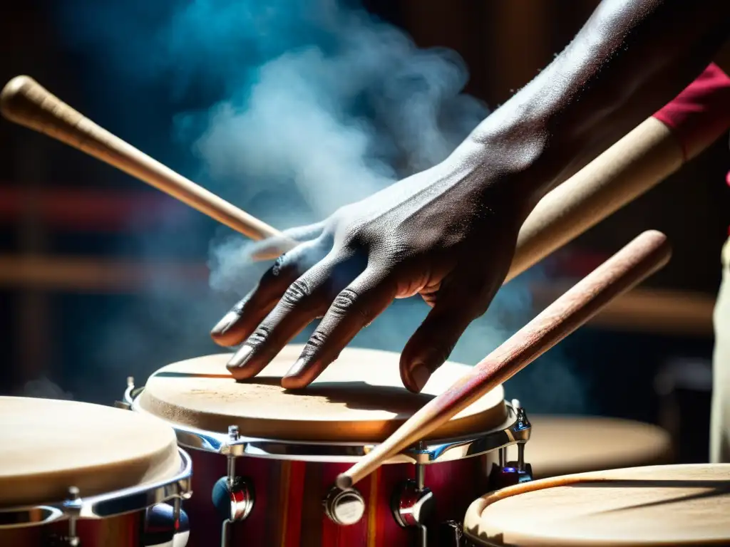 Manos de percusionista en movimiento, agarrando palillos de percusión exóticos, con vibración de tambores y atmósfera de orquesta sinfónica