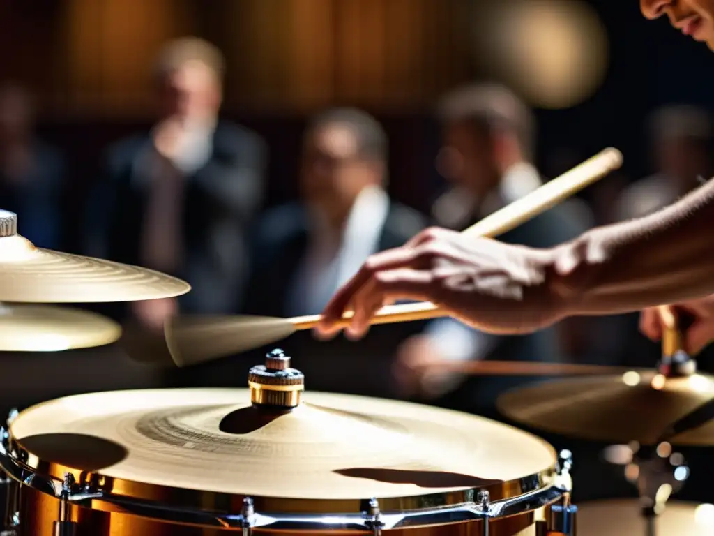 Manos de percusionista en movimiento, tocando un platillo con destreza en un musical de Broadway