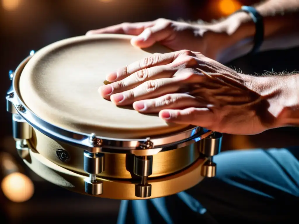 Manos de percusionista profesional sujetando un pandero, con enfoque en los movimientos de los dedos y la textura de los cascabeles