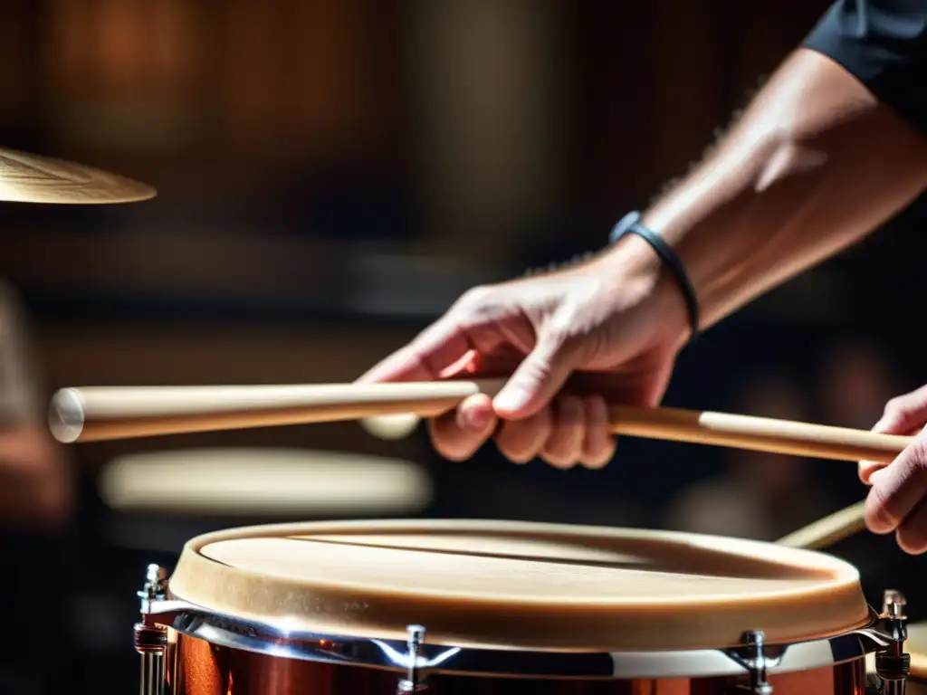 Manos de percusionista en acción: pasión y precisión en la ópera Manos de percusionista en ópera, con técnica precisa y pasión