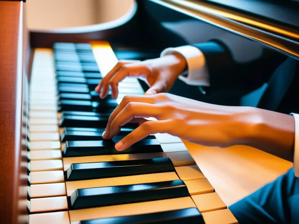 Las manos de una persona tocando el piano con destreza, transmitiendo la pasión y la emoción de aprender instrumentos musicales online