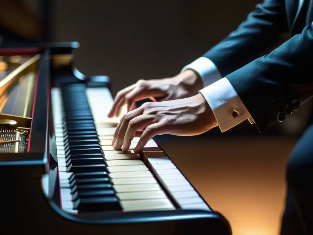 Manos de pianista tocando con destreza un piano de cola, transmitiendo la emoción y la historia del piano en diferentes culturas