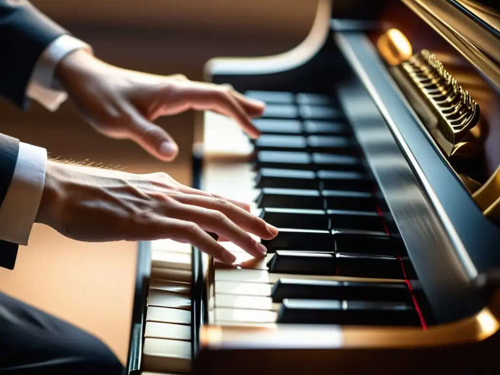 Manos de pianista experto interpretando con control de volumen en emotiva actuación musical