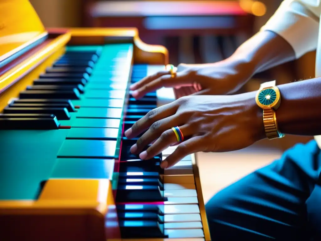 Las manos de un pianista experto interpretando ritmos y técnicas en un piano vibrante, capturando la pasión de la música latina