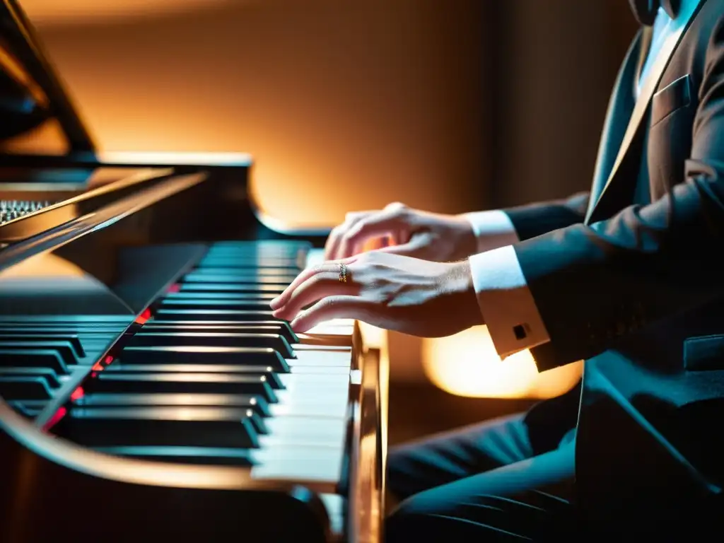 Manos de pianista hábil tocando con expresión en una presentación coral, destacando la técnica del teclado