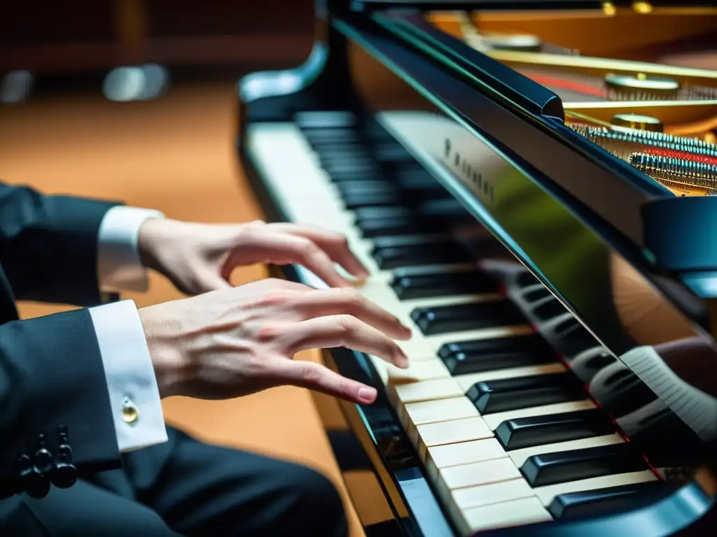 Las manos de un pianista en acción en un festival de piano internacional, transmitiendo emoción y destreza artística