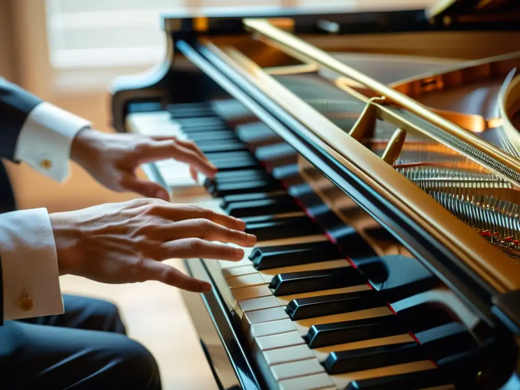 Manos de pianista improvisando con gracia y emoción en un piano de cola, destacando la artesanía y la historia del instrumento