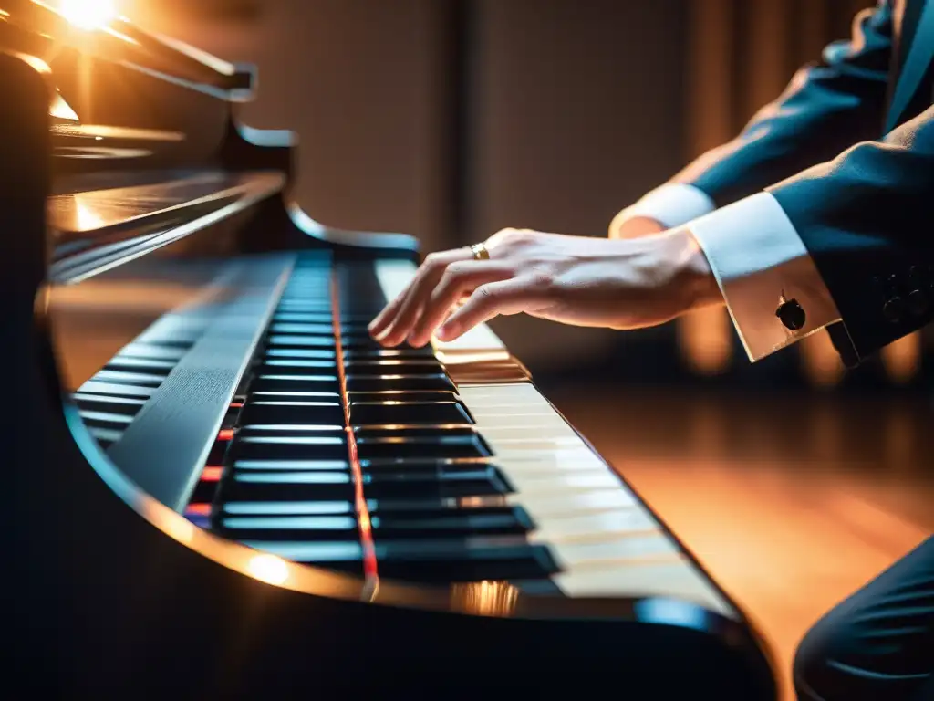 Las manos de un pianista se deslizan con gracia sobre las teclas de un piano de cola, transmitiendo emoción y destreza