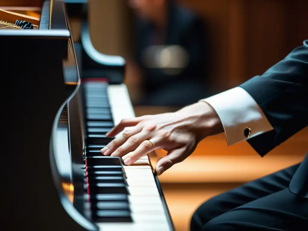 Las manos de un pianista ejecutan con gracia las técnicas legato y staccato, transmitiendo emoción y destreza al tocar el piano