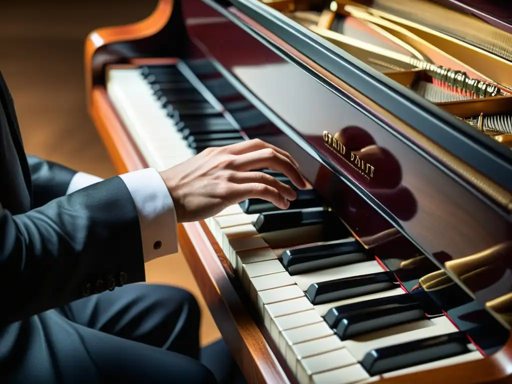 Manos de pianista en grácil movimiento sobre un piano de cola, destacando técnicas de acompañamiento en teclado con elegancia y maestría