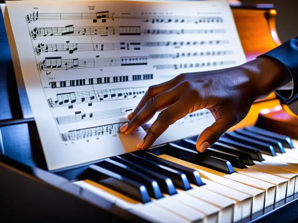 Las manos de un pianista de jazz interpretando con gracia una partitura compleja y vibrante, capturando la intensidad y la emoción de la música