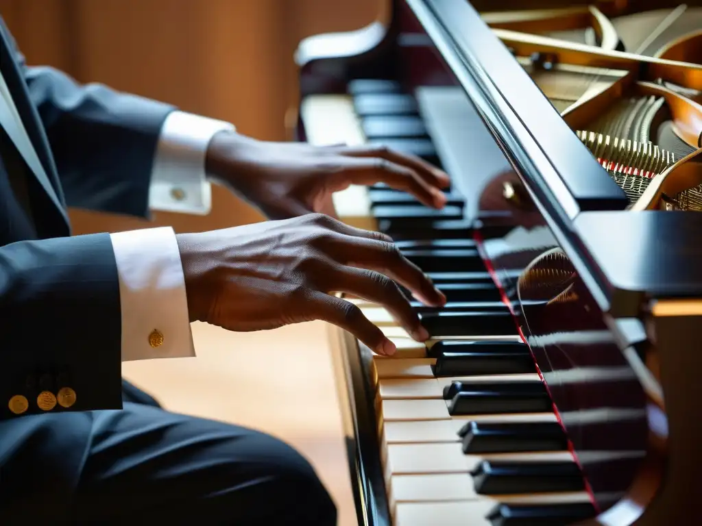 Las manos de un pianista de jazz en pleno concierto, mostrando la destreza y emoción al tocar el teclado de un piano de cola
