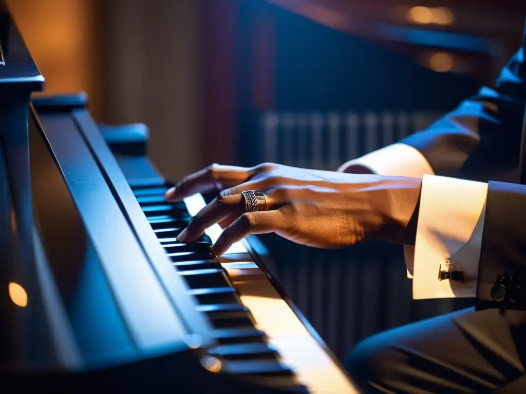 Las manos del pianista de jazz exploran el teclado, mostrando la maestría y pasión en las técnicas de jazz en teclado