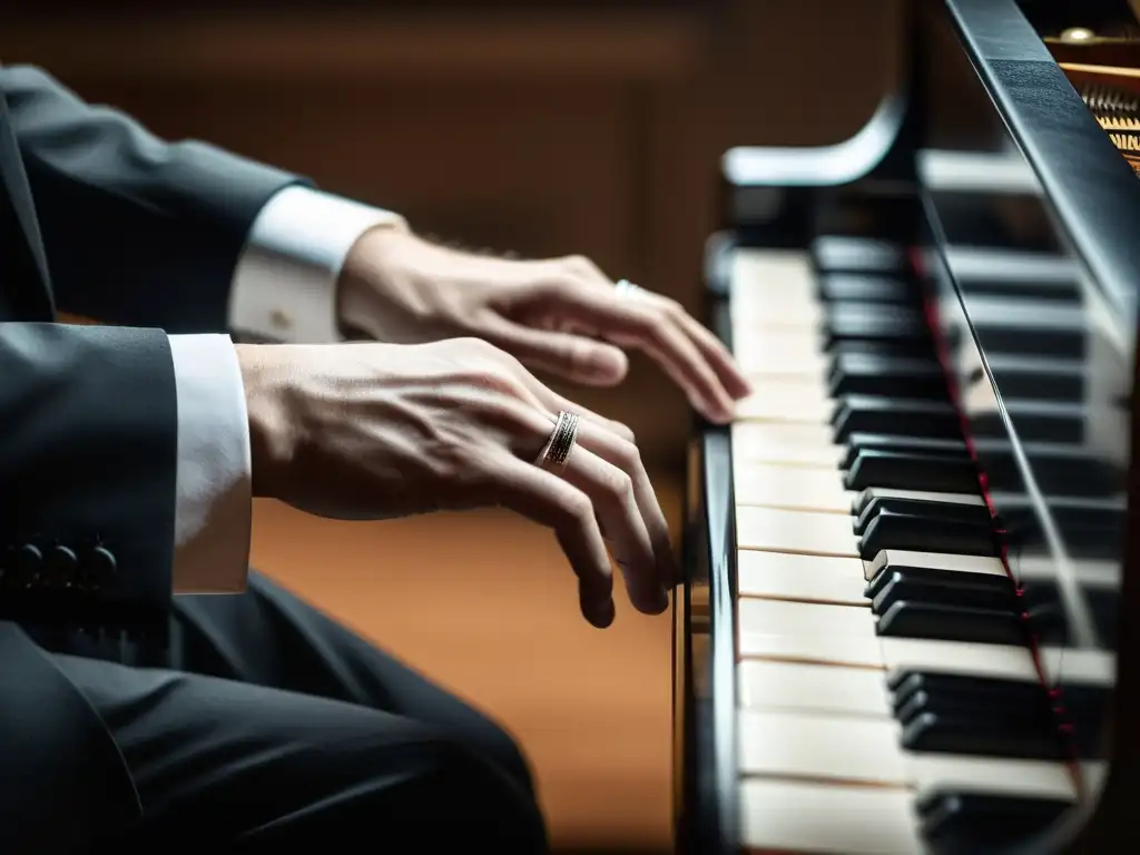 Manos de pianista conectando emocionalmente con la interpretación musical, transmitiendo pasión y precisión en las teclas del piano