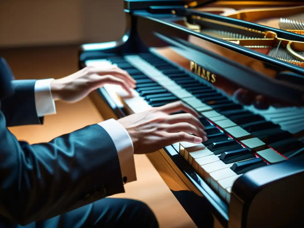 Las manos de un pianista improvisando con maestría en un piano de cola, evocando pasión y creatividad