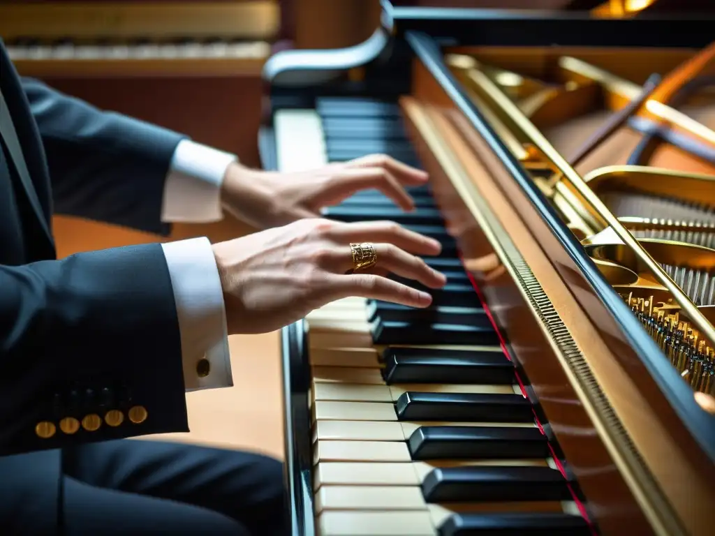 Las manos de un pianista profesional se deslizan con gracia por las teclas de un piano de cola, mostrando maestría y concentración en su rostro