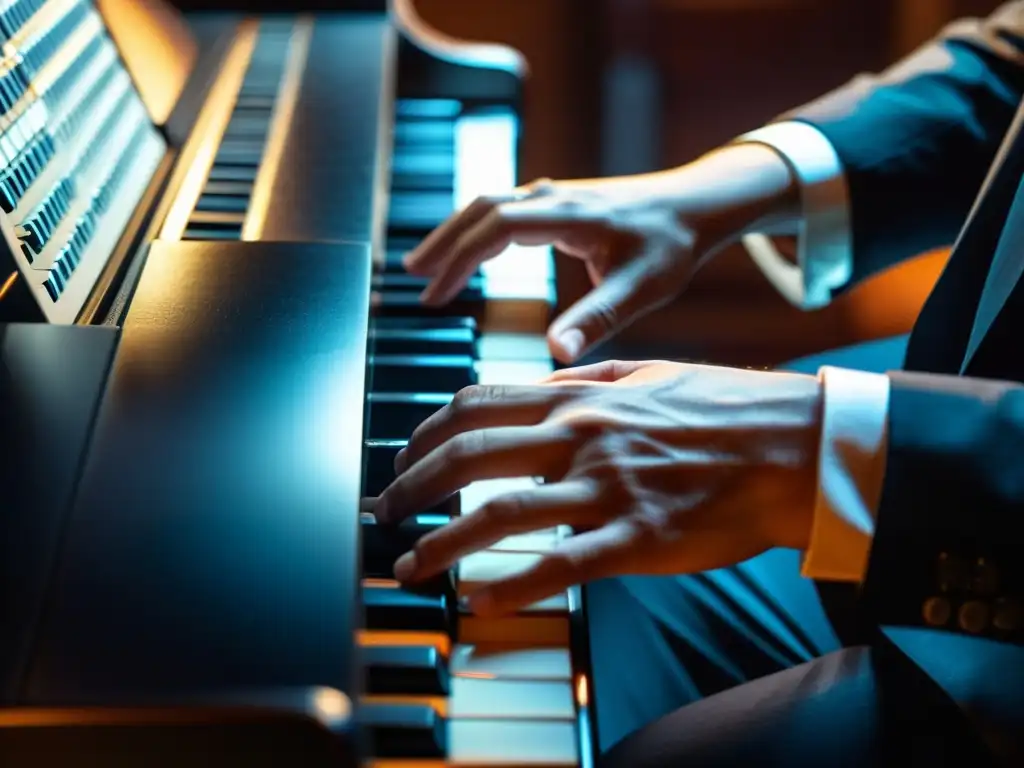 Las manos de un pianista improvisando en un teclado, transmitiendo emoción en un estudio tenue