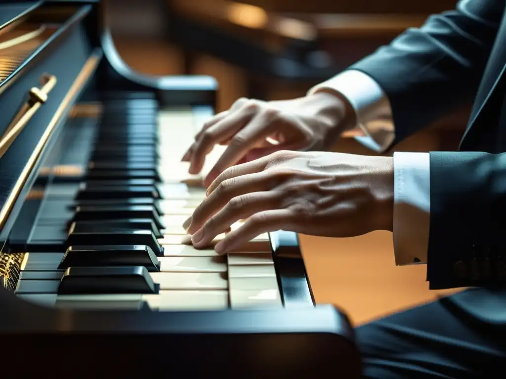 Las manos de un pianista dominando el teclado de un gran piano con técnica avanzada y expresión emocional