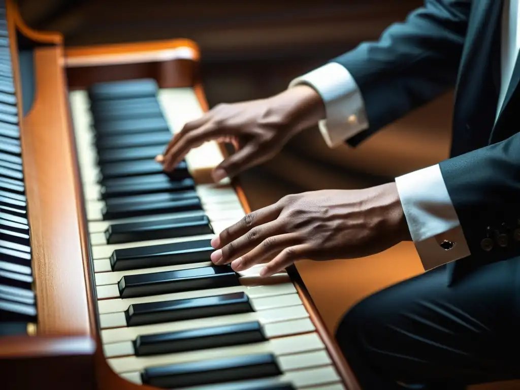 Las manos del pianista danzando sobre las teclas de un piano moderno, expresando la evolución técnica del teclado en la historia de la música