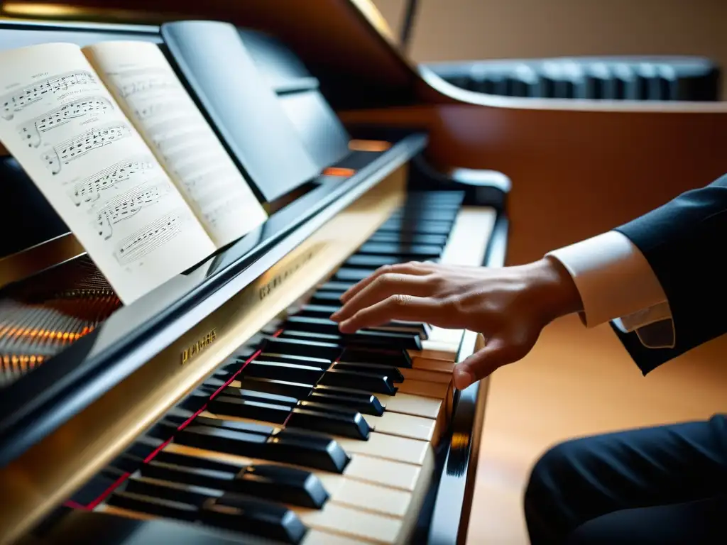 Las manos del pianista ejecutan con precisión la técnica del glissando en el teclado, mostrando su destreza y expresividad