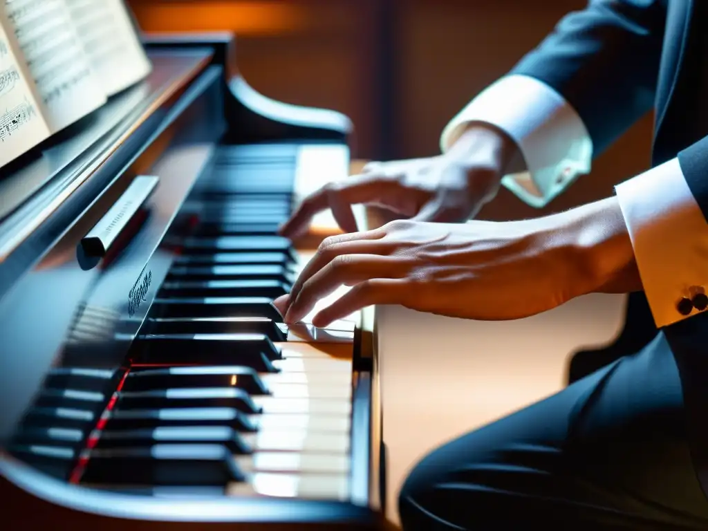 Manos de pianista ejecutando técnicas de acompañamiento en teclado con destreza y pasión, iluminadas por cálida luz de escenario