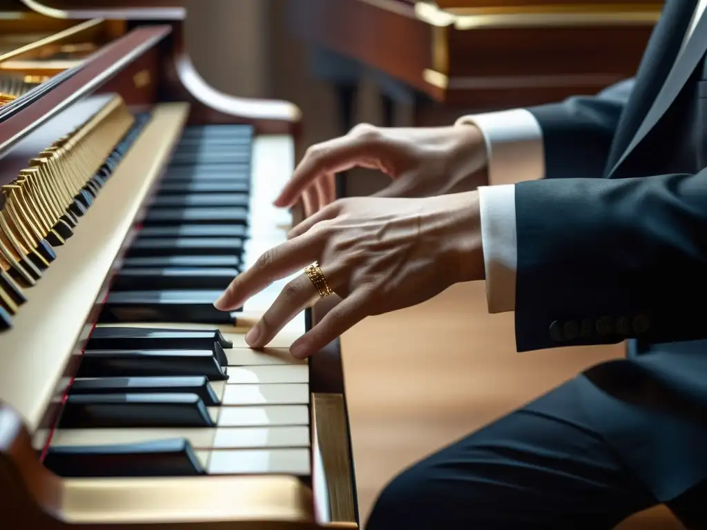 Las manos de un pianista dominando técnicas avanzadas en el teclado de un gran piano, expresando maestría y precisión