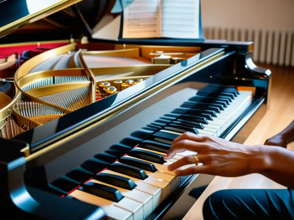 Manos de pianista ejecutando técnicas avanzadas en un gran piano, mostrando destreza y concentración