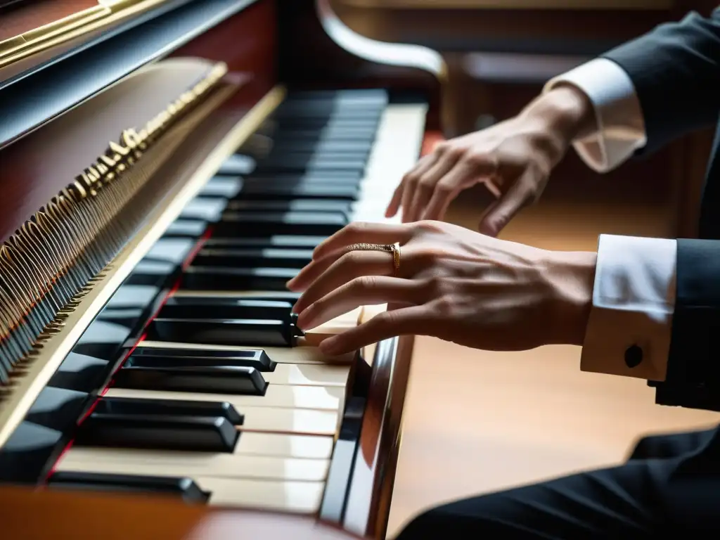 Las manos de un pianista ejecutando técnicas clásicas en un piano de cola, en una representación visual de la trascendencia del teclado moderno