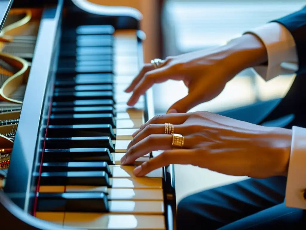 Las manos de un pianista ejecutan con maestría las técnicas legato y staccato en el piano, transmitiendo elegancia y destreza