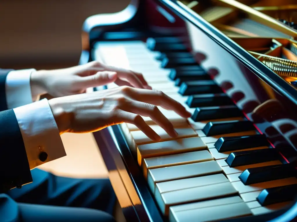 Manos de pianista virtuoso tocando con maestría un piano de cola, reflejando concentración