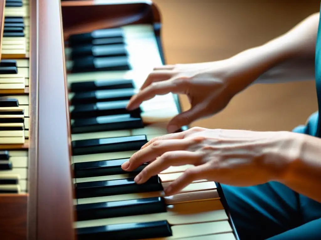 Manos tocando el piano con destreza, bañadas en cálida luz natural, exudando maestría musical y construyendo progresiones de acordes en el teclado