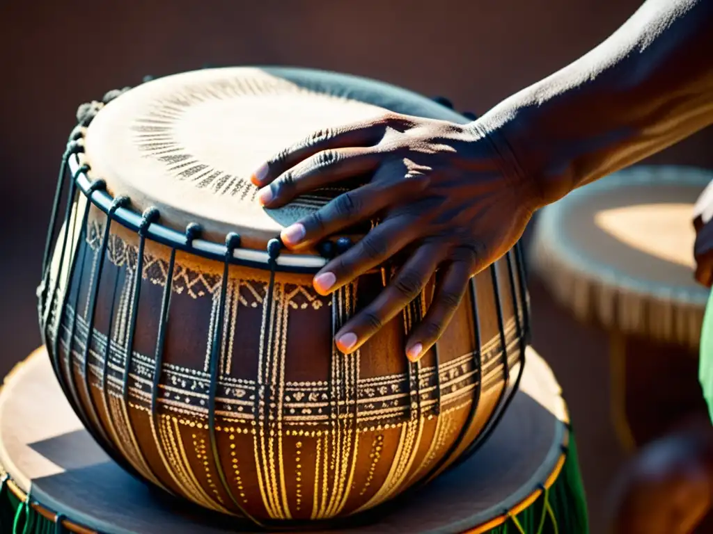 Las manos sudorosas de un hábil intérprete de djembé golpean el tambor con intensidad y ritmo, resaltando el significado cultural del djembé africano