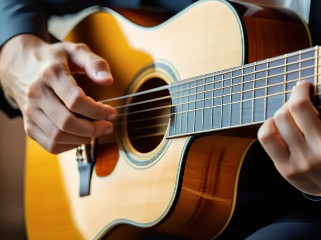 Manos preservando la técnica en instrumentos: afinando una guitarra clásica con detalle y pasión