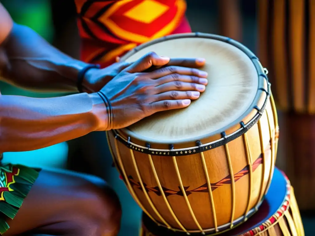 Manos tocando un tronco de tambor polinesio, capturando la esencia del sonido polinesio percusión tronco con sus detalles y colores vibrantes