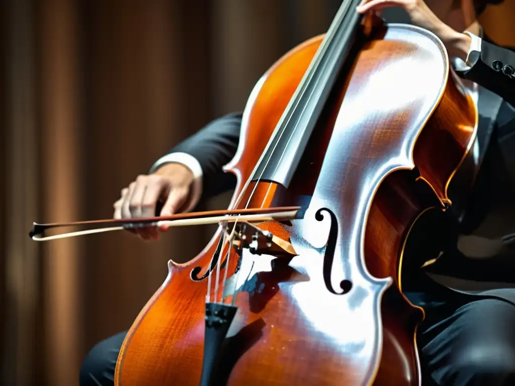 Manos de violonchelista tocando con maestría, capturando el sonido del violonchelo en géneros musicales