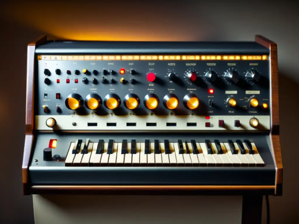 Una máquina de vocoder vintage iluminada lateralmente, resaltando sus detalles y texturas