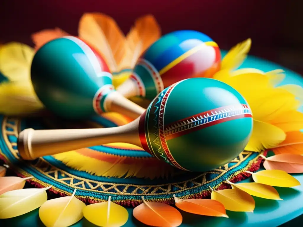 Maracas en ceremonias chamanísticas: Detalle de maracas bellamente decoradas sobre plumas coloridas, con sombras suaves y siluetas rituales