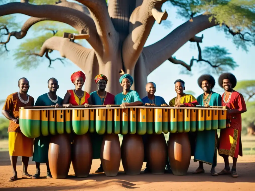 Marimba africana bajo baobab en bosque vibrante, músicos vistiendo atuendos tradicionales