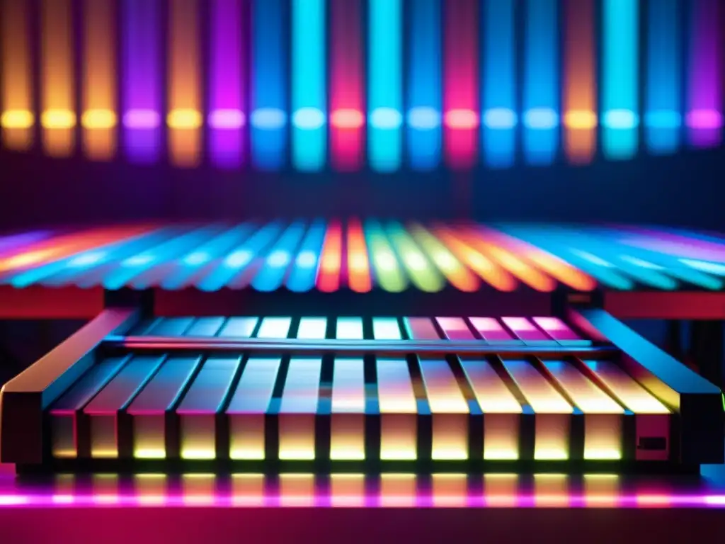 Un marimba electrónica moderna iluminada en el escenario, fusionando tradición con tecnología