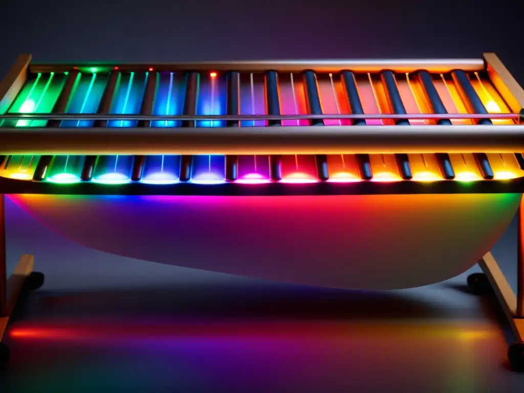 Una marimba electrónica moderna con mazos iluminados y estructura metálica, fusionando lo tradicional con lo moderno en la percusión