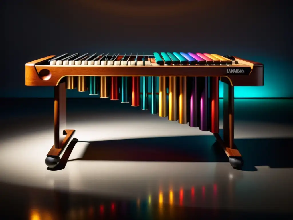 Una marimba electrónica vintage en una habitación iluminada suavemente, destacando su diseño futurista con metal pulido y botones coloridos