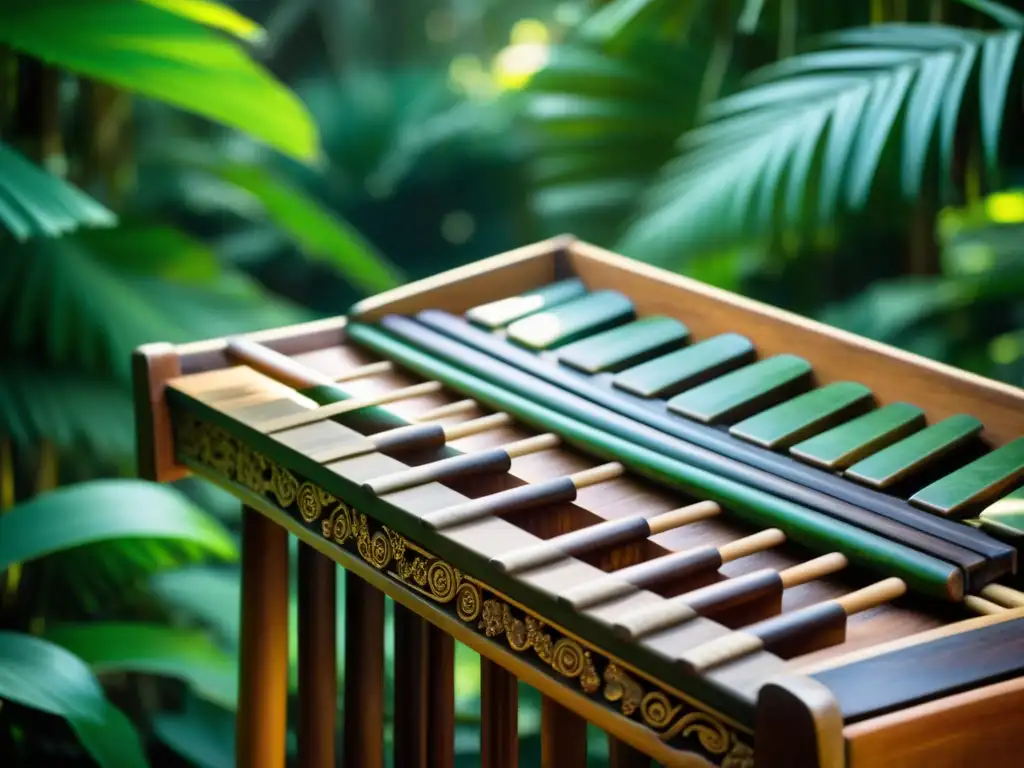 Marimba maya en la selva: tradición y arte Una marimba maya tallada con símbolos y patrones, en la selva, resaltando su significado cultural