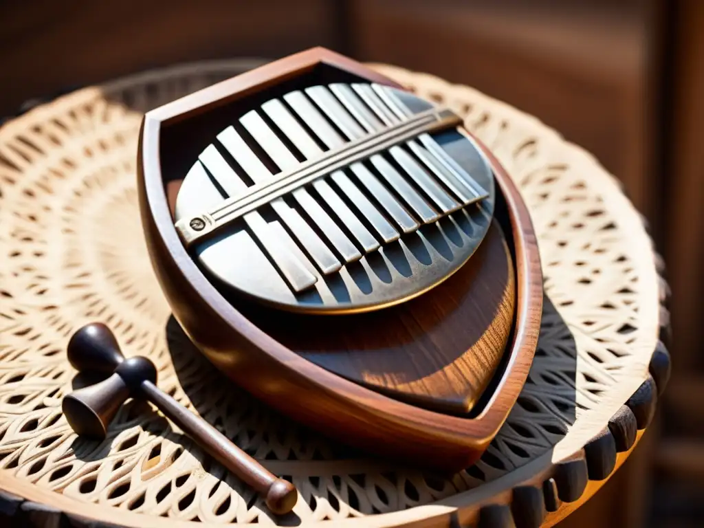 Un mbira africano de madera tallada, con tonos cálidos y una rica historia cultural