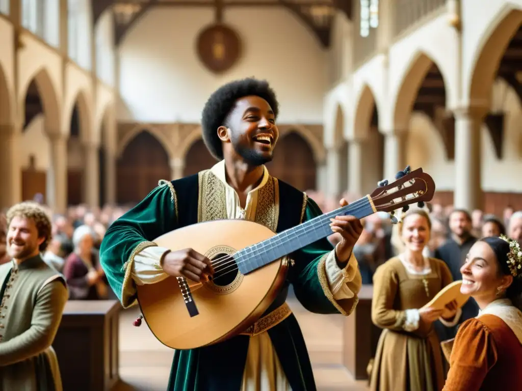 Un ministril medieval tocando un laúd en un salón grandioso, con un público encantado